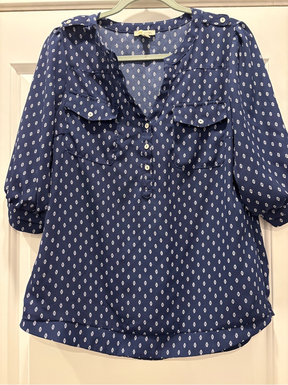 Michel Navy Blue Printed Button-Pocket Blouse